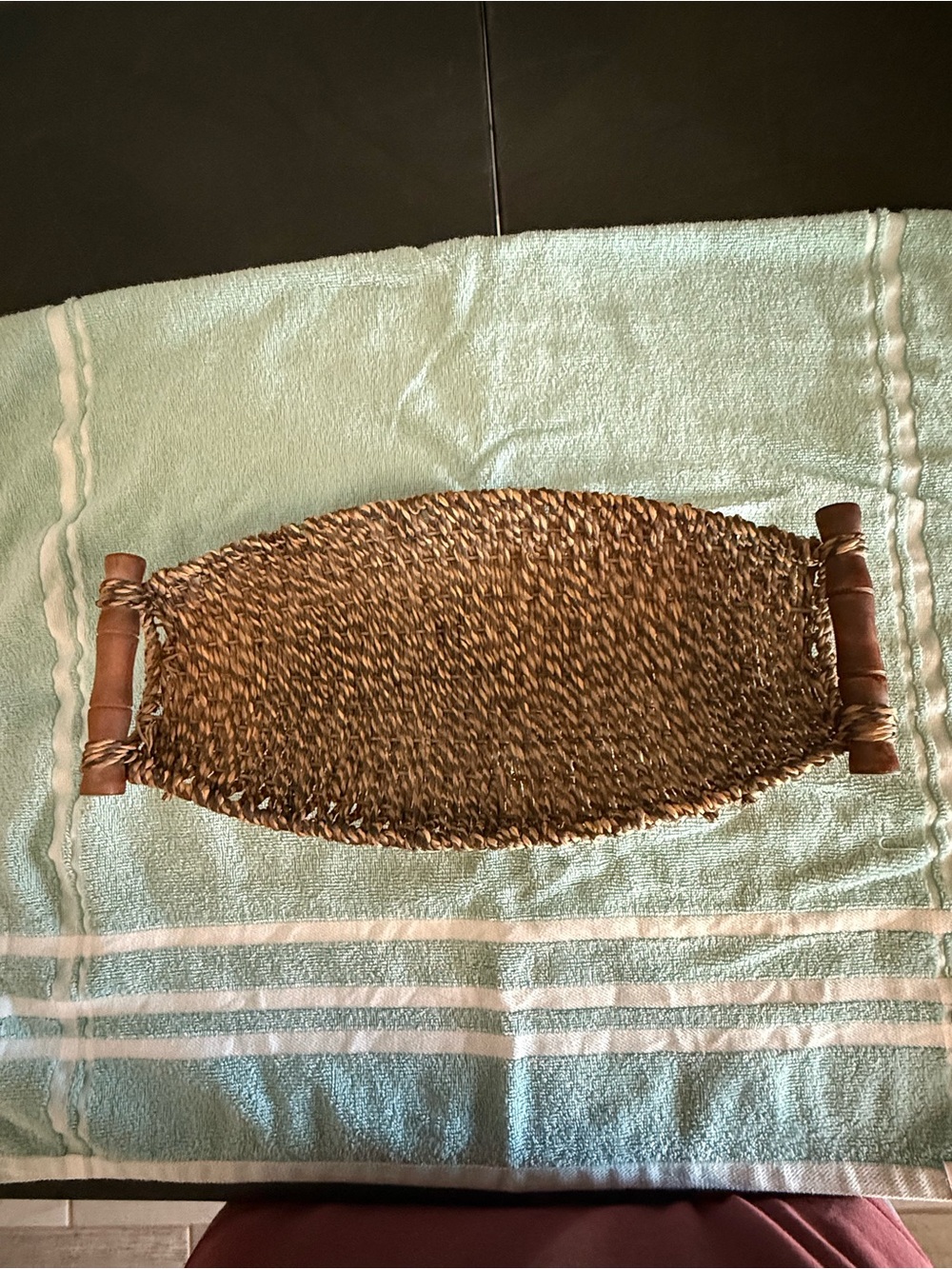Handwoven Seagrass Serving Tray with Wood Handles - Brown